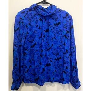 Vintage Pendleton Wool Blend Blue Black Floral Button Detail Blouse Size 10